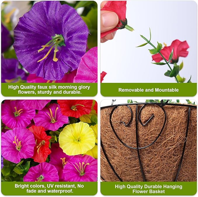 Artificial Fake Hanging Flowers Baskets for Outdoors, Faux Plants Silk Morning Glory in Planter Look Real UV Resistant Outdoor Flower for Outside Porch Patio Balcony Garden Yard Home Decor