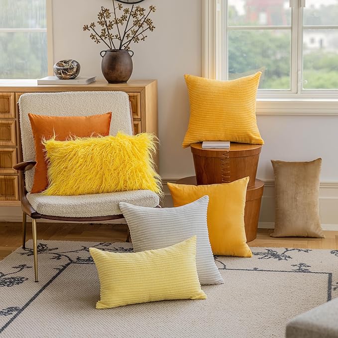 Home Brilliant Yellow Euro Sham Super Soft Pillow Cover 26x26 Striped Corduroy Large Throw Pillow for Living Room Fall Winter Decor, 26 x 26 Inch (66cm), Sunflower