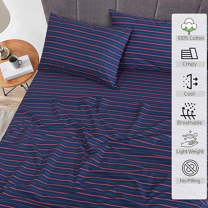 RUVANTI 100% Cotton Twin Sheets Set, 3 Pieces, Soft & Breathable Percale Weave Bedding, Deep Pocket 16", Hotel Standard, Crisp Cool Feel, Durable, Perfect Striped Bed Sheet, Nautical