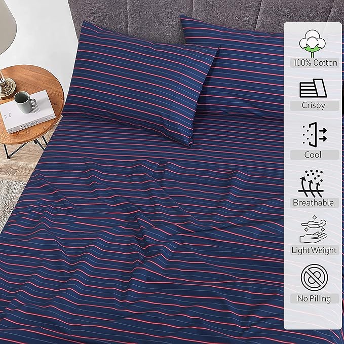 RUVANTI 100% Cotton California King Sheet Sets, 4 Pieces, Soft & Breathable Percale Weave Bedding, Deep Pocket 14", Hotel Standard, Crisp Cool Feel & Durable, Perfect Striped Sheets, Nautical