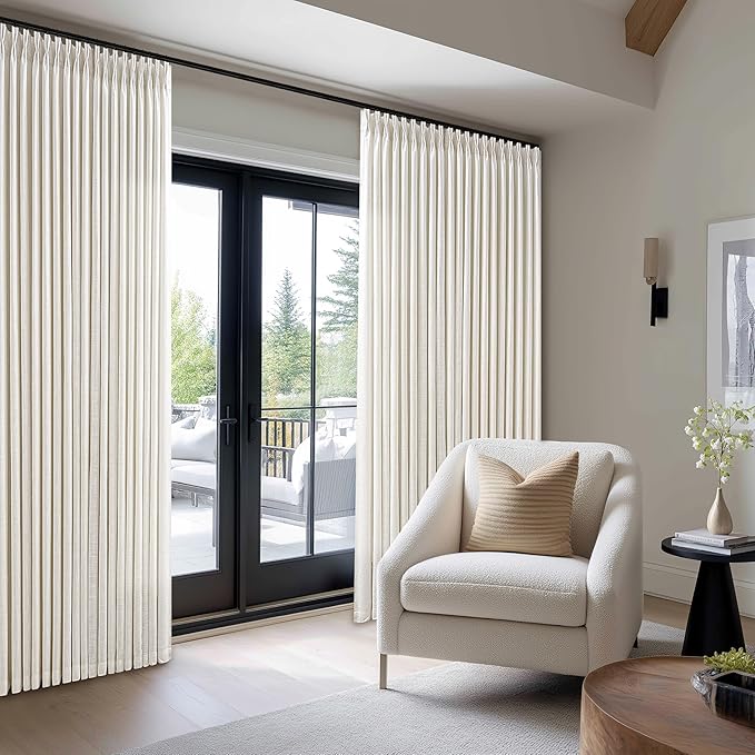 Pinch Pleated Extra Wide Linen Curtains 84 Inches Long for Patio Sliding Glass Door Cream Beige 84 Inch Wide Pleated Drapes with Hooks Rings Neutral Natural Semi Sheer 84 x 84 Curtain for Living Room