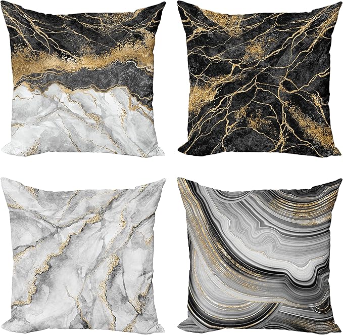 Ambesonne Marble Throw Pillow Cushion Case Pack of 4, Obsidian Like Ornaments Natural Stone Stains and Veins Golden Yellow Tone, Modern Accent Double-Sided Digital Printing, 18", Charcoal Grey Coconut