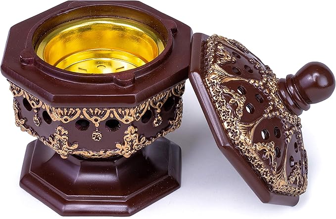 AM Lux Octagon Incense Burner – Bakhoor & Cone Holder | Charcoal Resin Burner for Frankincense, Myrrh & Aromatherapy | Decorative Mabkhara for Home, Office & Meditation Room Decor | Gift Box (Brown)