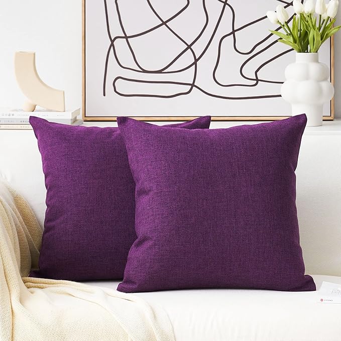 Home Brilliant Purple Pillow Covers 18x18 Decorative Pillows for Living Room 2 Pack Burlap Linen Cushion Cover for Couch Bench Office, 18" x 18", 45cm, Purple