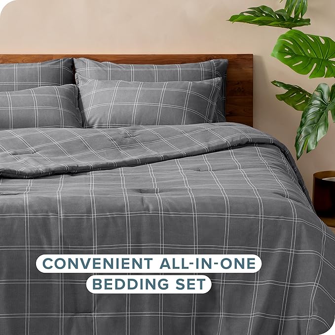 Bare Home Bed-in-A-Bag 7 Piece Comforter & Sheet Set - Queen - Track Stitch - Goose Down Alternative - Ultra-Soft 1800 Premium - Bedding Set (King, Modern Plaid - Grey/White)