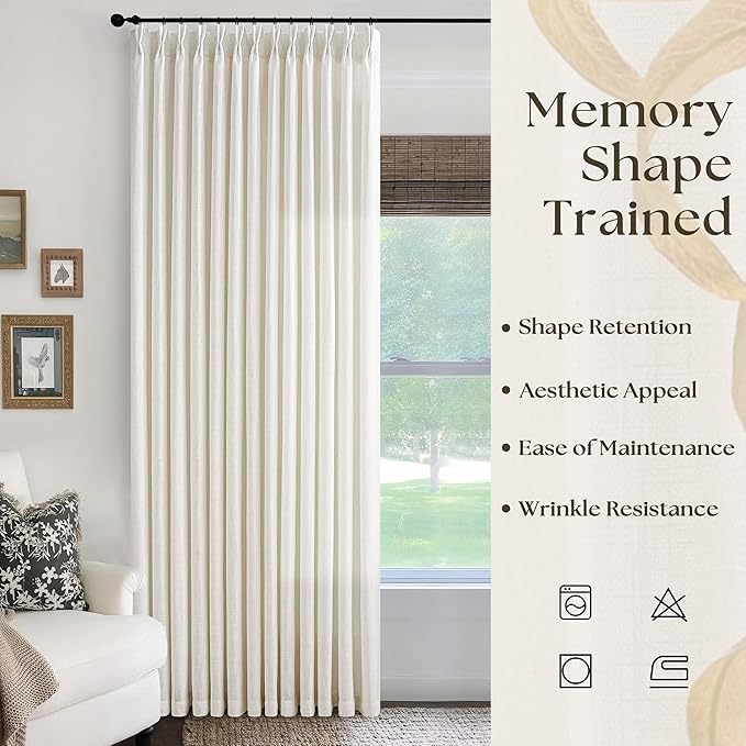 Pinch Pleated Extra Wide Linen Curtains 84 Inches Long for Patio Sliding Glass Door Cream Beige 84 Inch Wide Pleated Drapes with Hooks Rings Neutral Natural Semi Sheer 84 x 84 Curtain for Living Room