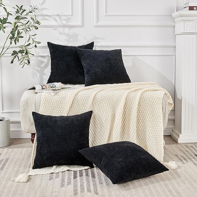 GAWAMAY Decorative Square Throw Pillow Covers 18"x18" Inch Set of 4, Super Soft Chenille Pillows Farmhouse Fall Pillowcase for Living Room Bedroom Sofa Couch Cushion Cover Black 45x45cm (No Insert)