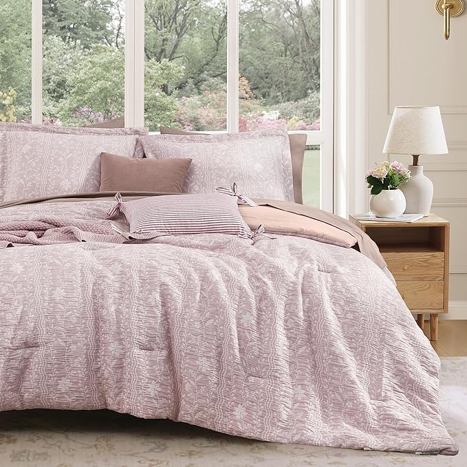 Full Comforter Set -7 Pieces Floral Pink Comforter Set for All Seasons, Bed in a Bag Full with Botanical Flowers Comforter, Sheets, Pillowcases & Shams