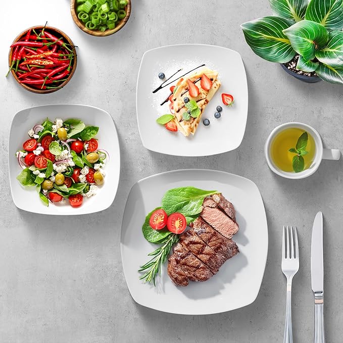 Zulay Kitchen Luna Plates and Bowls Sets, 16 Piece Modern Porcelain Dish Set for 4, Chip and Scratch Resistant Square Dinnerware Set, Microwave and Dishwasher Safe, Pearl White