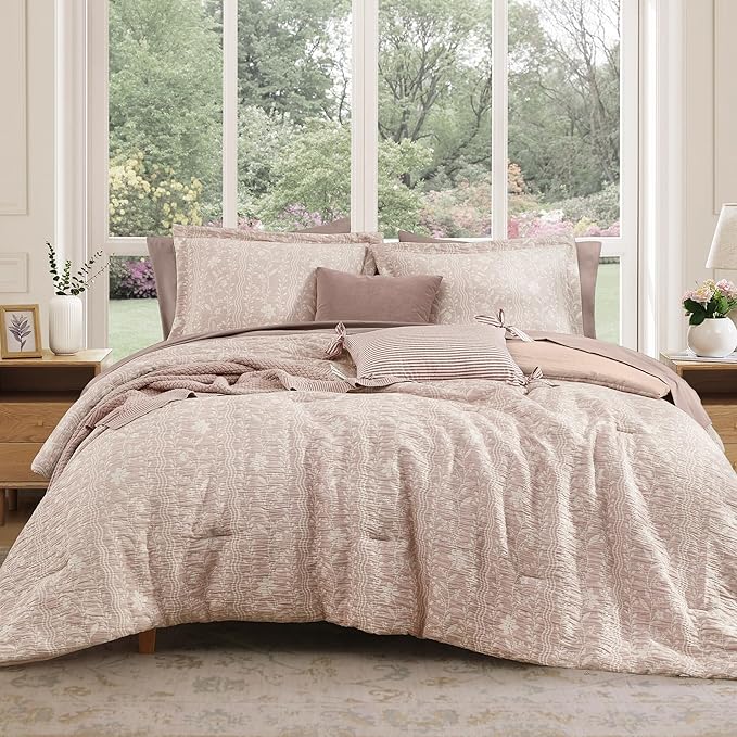 Full Comforter Set -7 Pieces Botanical Almond Pink Comforter Set for All Seasons, Bed in a Bag Full with Flowers Floral Comforter, Sheets, Pillowcases & Shams