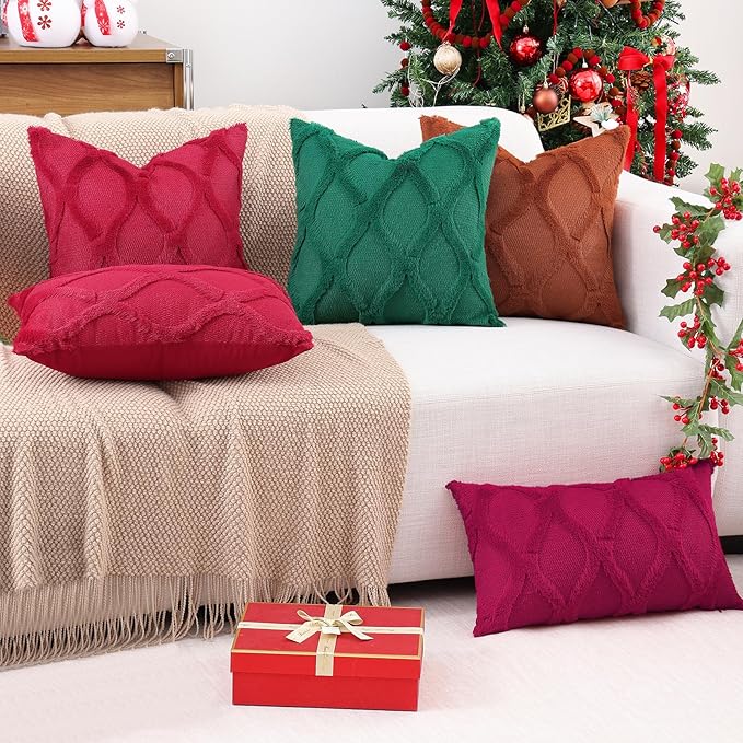 decorUhome Christmas Throw Pillow Covers 18x18 Inch Set of 2, Soft Plush Faux Fur Wool Burgundy Couch Pillow Covers, Decorative Neutral Pillow Cases for Bed Sofa Living Room Home Decor
