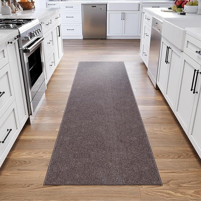 Ottomanson 2'7" x 17' Ultra-Thin Hallway Runner Rug - Durable Non-Slip Carpet for High-Traffic Areas - Fits Under Doors for Seamless Entry - Ideal for Kitchen, Entryway, Bedroom & Living Room, Brown