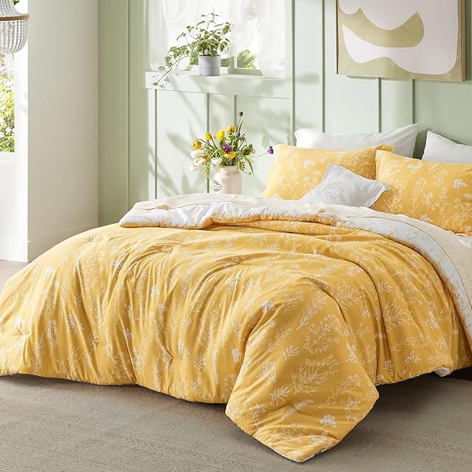 Bedsure Full Comforter Set - Yellow Bed Set, 3 Pieces Cute Floral Bedding, 1 Soft Reversible Botanical Flowers Comforter and 2 Pillow Shams