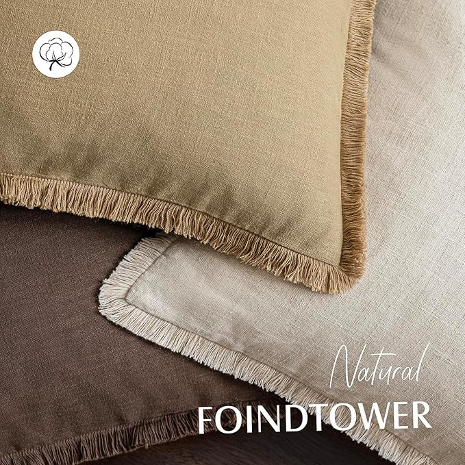 Foindtower Set of 2 Decorative Linen Fringe Throw Pillow Covers Farmhouse Cushion Cover with Tassels Lumbar Accent Pillowcase for Bed Couch Living Room Home Bedroom Decor,12×24 Inch,Light Khaki Taupe