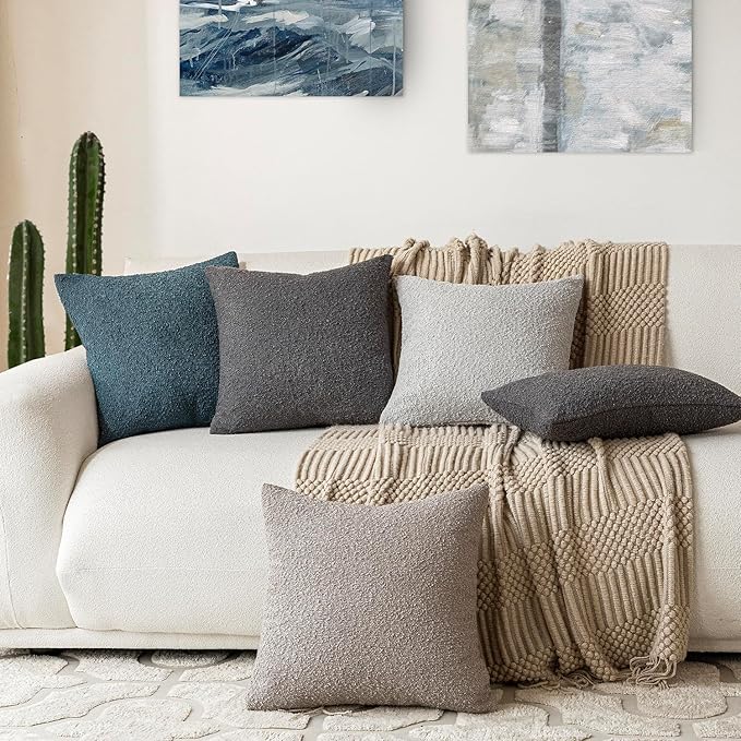 Foindtower Decorative Textured Boucle Throw Pillow Covers Accent Solid Pillow Cases Neutral Soft Cozy Couch Cushion Case for Chair Sofa Bedroom Living Room Home Decor 24 x 24 Inch,Blue