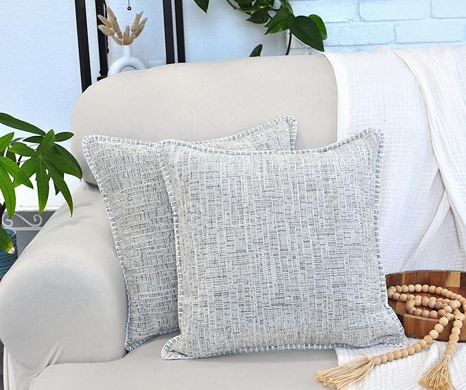 20x20 Stitched Edge Textured Chenille Throw Pillow Covers Cream White & Black Texture Set of 2 Soft Cushion Covers Modern Farmhouse Decorative Square Pillow Cases for Couch Sofa