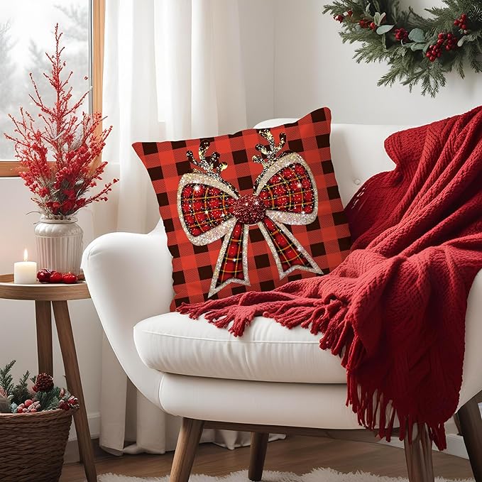 & Coquette Christmas Plaid Pillow Covers, 18x18 - Red Buffalo Plaid Decor for Living Room & Bedroom