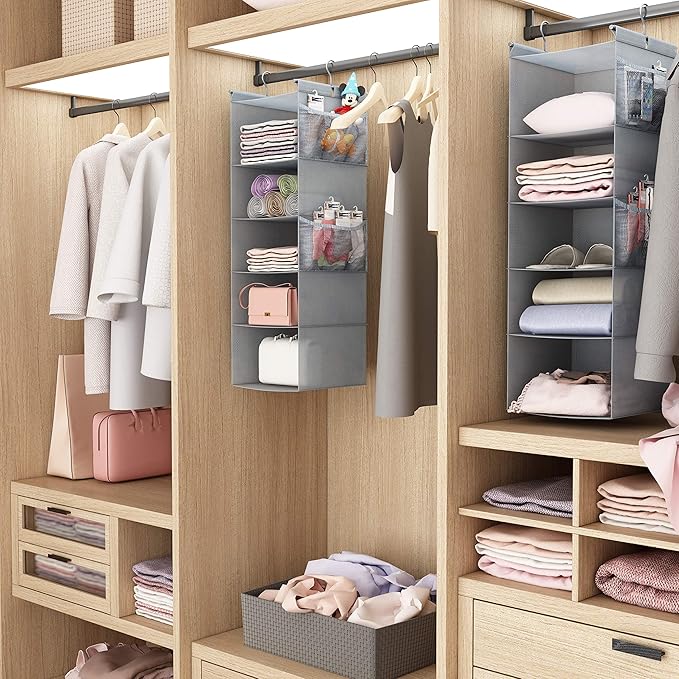MAX Houser 5 Shelf Hanging Closet Organizer,Space Saver, Closet Hanging Shelves with (4) Side Pockets,Foldable,Light Grey