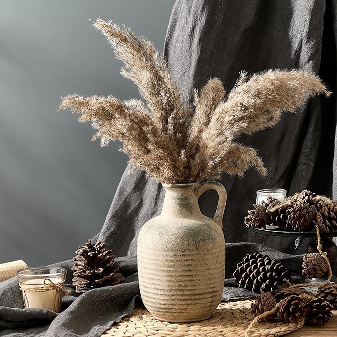 SIDUCAL Rustic Ceramic Farmhouse Flower Vase with 1 Handle-Height 8.43" Terracotta Vase, Unique Textured Pottery Flower Vases for Home Decor, Table, Wedding, Living Room, Shelf Decor, Terra