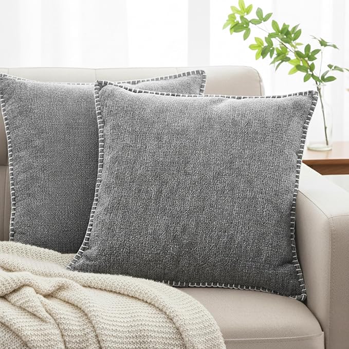 Stitched Edge Soft Throw Pillow Covers Dark Grey 20x20 inches Set of 2 Textured Velvet Gray Chenille Cushion Covers Farmhouse Decorative Pillow Covers for Living Room, Chairs, Couch