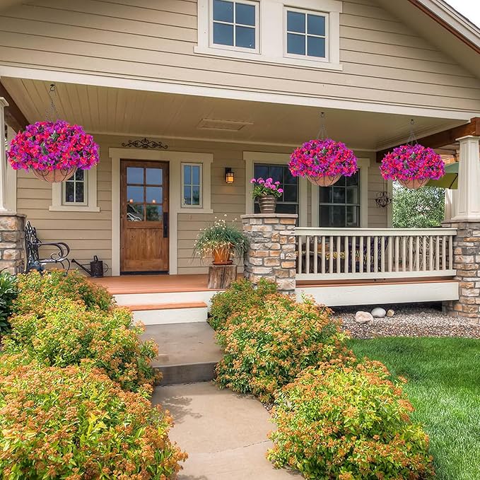 Artificial Hanging Flowers Plant with Basket for Outdoors, Fake Hanging Plants Silk Bougainvillea in Planter Look Real UV Resistant Faux Flower for Outside Porch Patio Garden Home Decor, PurpleHotpink