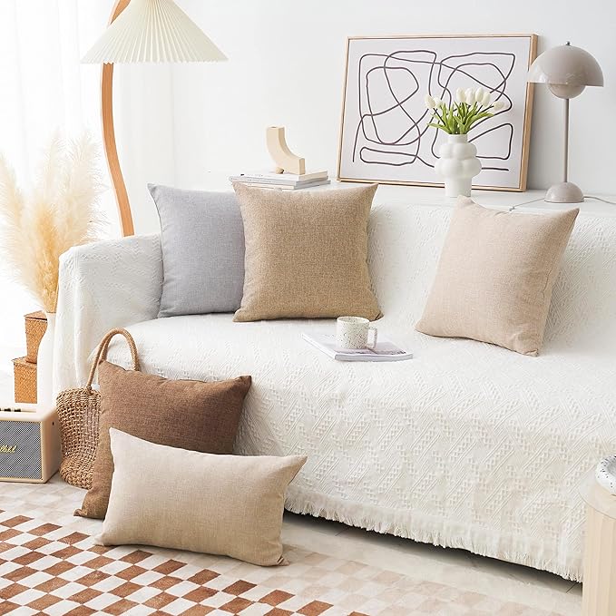 Home Brilliant Linen Throw Pillow Covers 18x18 Burlap Decorative Pillow Covers Farmhouse Throw Pillows for Couch Bench Sofa, Set of 2, 18 x 18 inch, Natural Linen