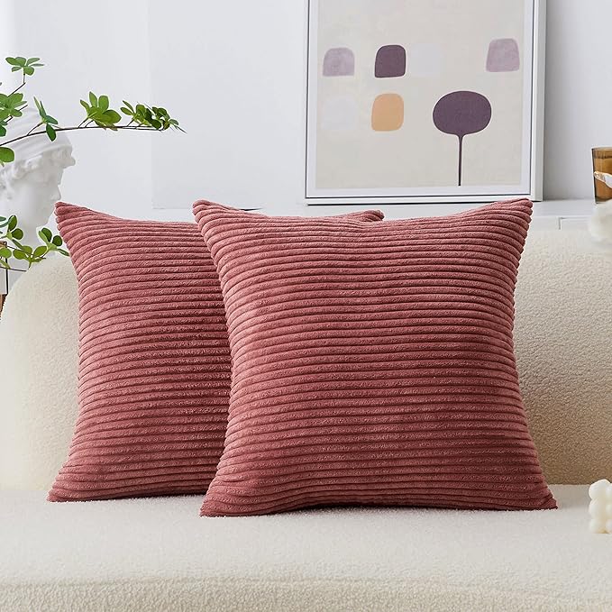 Home Brilliant Pillow Covers 18x18 Set of 2 Decor Striped Velvet Corduroy Decorative Pillow Cases Gift for Girl, 18 x 18 inch, Dry Rose Pink