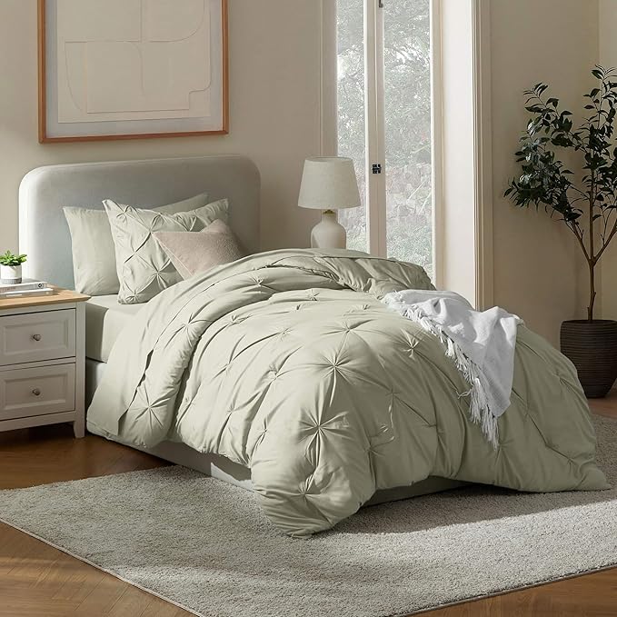 Nestl Twin Comforter Set 5 Piece, Pintuck Twin Bedding Set Light Sage, College Dorm Room Essentials for Girls and Boys Bed in a Bag Twin All Season, Twin Comforter Set with Sheets, Pillowcase and Sham