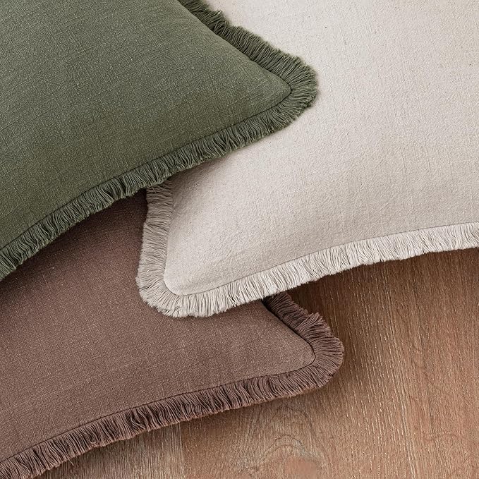 Woaboy Decorative Linen Fringe Throw Pillow Covers Boho Farmhouse Soft Accent Pillows with Tassels Christmas Home Decor for Livingroom Couch Sofa Bed,22x22 Inch Set of 2,Light Olive Green