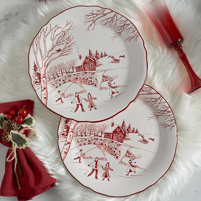 Bico Toile De Jouy Winter Wonderland Scalloped Dinner Plates, Ceramic, 11 inch, Set of 4, for Pasta, Salad, Maincourse, Microwave & Dishwasher Safe