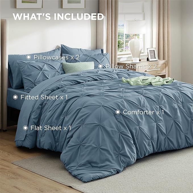 Bedsure Queen Comforter Set Mineral Blue - Bed in a Bag Queen 7 Pieces, Pintuck Bedding Sets Gift for Christmas, Pinch Pleat Bed Set with Queen Size Comforter, Sheets, Pillowcases & Shams