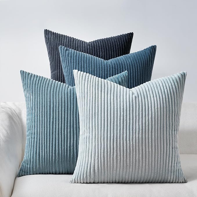 Topfinel BlueGray Throw Pillow Covers 18x18 Inch Set of 4,Soft Accent Corduroy Decorative Cushion Cover,Square Modern Pillow Case for Beach,Patio,Balcony,Living Room,Summer Gradient Shams Home Decor