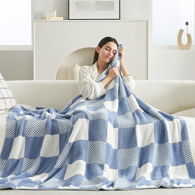 Snuggle Sac Checkered Blanket, Blue Throw Blanket for Couch Checker Microfiber Fluffy Warm Fuzzy Cozy Soft Throw Blanket Reversible Checkerered Blankets for Sofa, Chair, Bed, 60x80 inches