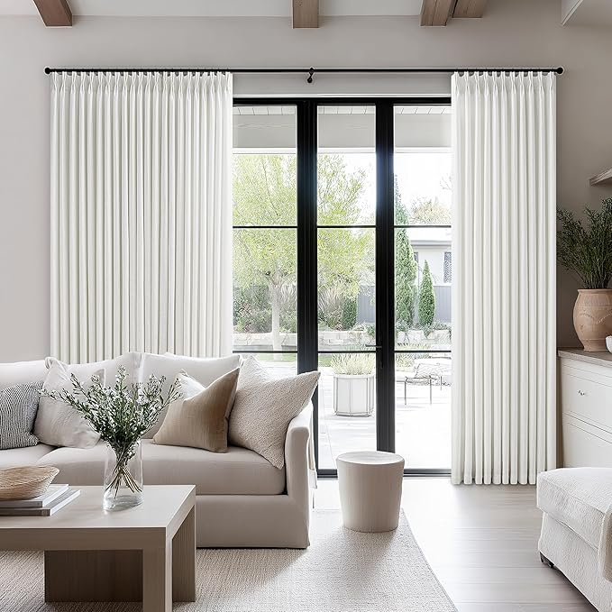 102 Inch Long Curtains Pinch Pleat Linen Curtains for Living Room Bedroom Cream White Light Filtering Privacy Neutral 102 Inch Pleated Drapes Hooks Rings Back Tab for Window Sliding Door 1 Panel