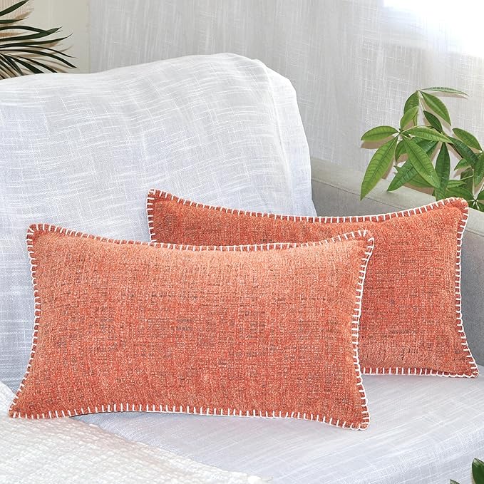 Lumbar Pillow Covers with Stitched Edge 12x20 inch Orange Set of 2 Soft Textured Chenille Oblong Rectangular Cushion Covers Modern Decorative Pillowcases for Chair Sofa Couch Pillows