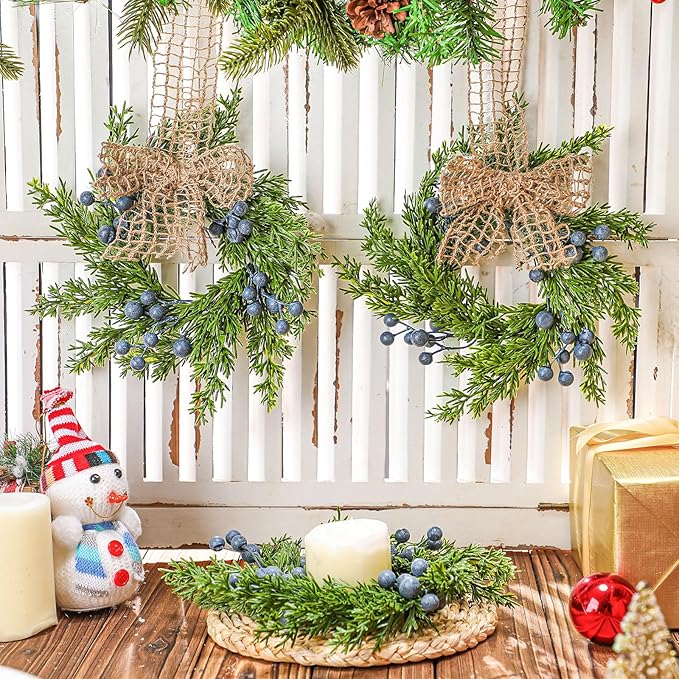 8 Pcs Small Vintage Christmas Cabinet Wreath Artificial Blue Berry Mini Kitchen Wreaths with Retro Burlap Ribbon for Farmhouse Rustic Home Front Door Window Wedding Chair Wall