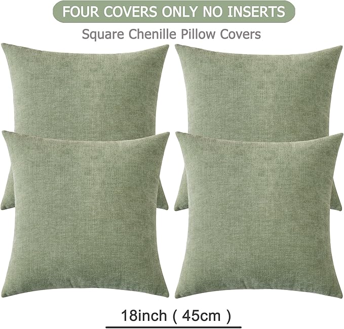 GAWAMAY Decorative Square Throw Pillow Covers 18"x18" Inch Set of 4, Super Soft Chenille Pillows Farmhouse Fall Pillowcase for Living Room Bedroom Sofa Couch Cushion Cover Sage Green 45x45cm