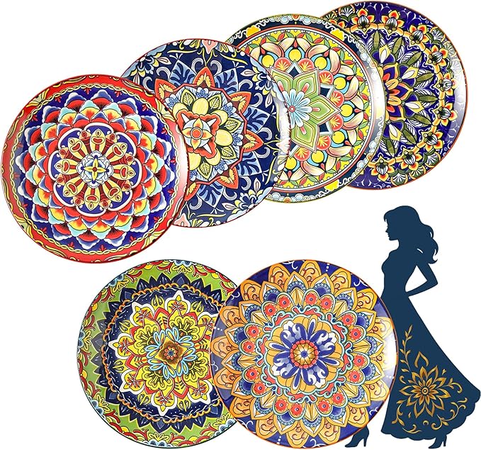 AHX Colorful Ceramic Plate Set of 6 – 8.7 Inch Bohemian Porcelain Plates for Serving Dessert, Appetizer and Salad – Microwave and Dishwasher Safe - Perfect for Party, Daily Meals and Gift Occasions