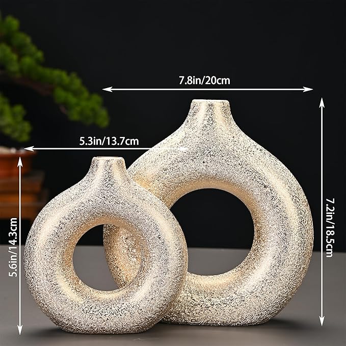 Set of 2 Donut Hollow Ceramic Vase Handmade Minimalist Boho ins Style, Modern Vase for Home Decor for Wedding Dinner Table Party Living Room Office Bedroom (Gold, Large + Small)
