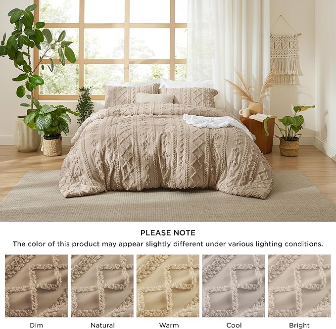 Bedsure Tufted Boho Comforter Set Queen Size - Khaki Boho Bed Set, GentleSoft™ 3 Pieces Farmhouse Shabby Chic Embroidery Bedding, Gifts for Woman, Soft Jacquard Queen Comforter for All Seasons