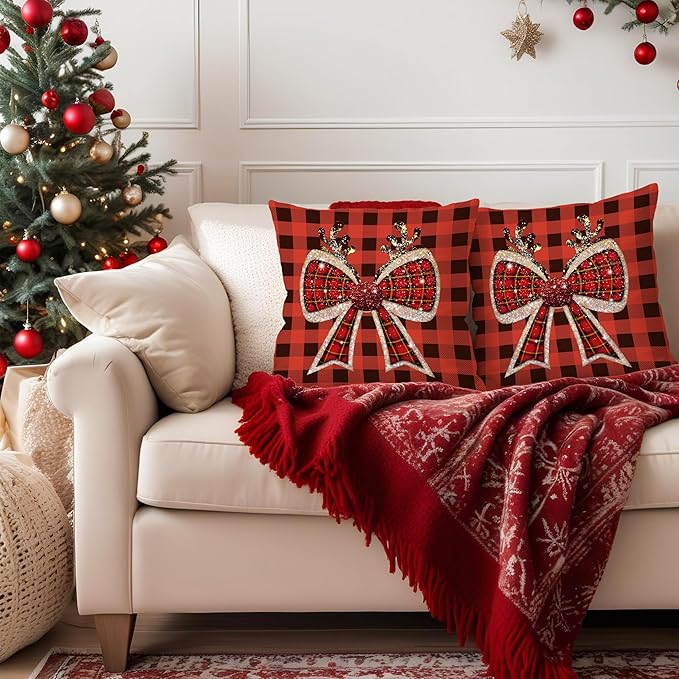 & Coquette Christmas Plaid Pillow Covers, 18x18 - Red Buffalo Plaid Decor for Living Room & Bedroom