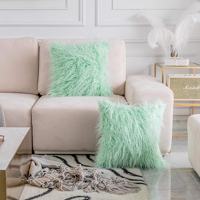 Home Brilliant Mint Throw Pillows for Couch Pillow Covers 20x20 Set of 2 Decorative Mongolian Faux Fur Cushion Cover Winter Decor, 50cm x 50cm
