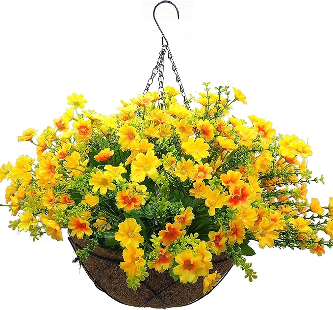 Artificial Hanging Flowers Basket for Summer Autumn,Fake Daisy Flowers in 12 inch Coconut Lining Hanging Baskets for The Decoration of Courtyard, Indoors, and Outdoors