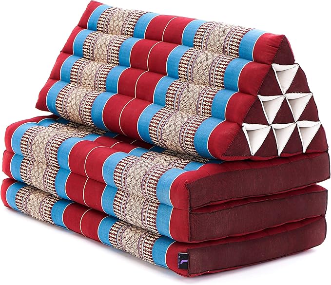 Leewadee 3-Fold Mat XXL with Triangle Cushion – Firm TV Pillow, Foldable Mattress with Cushion Made of Kapok, 67 x 31 inches, Blue Red