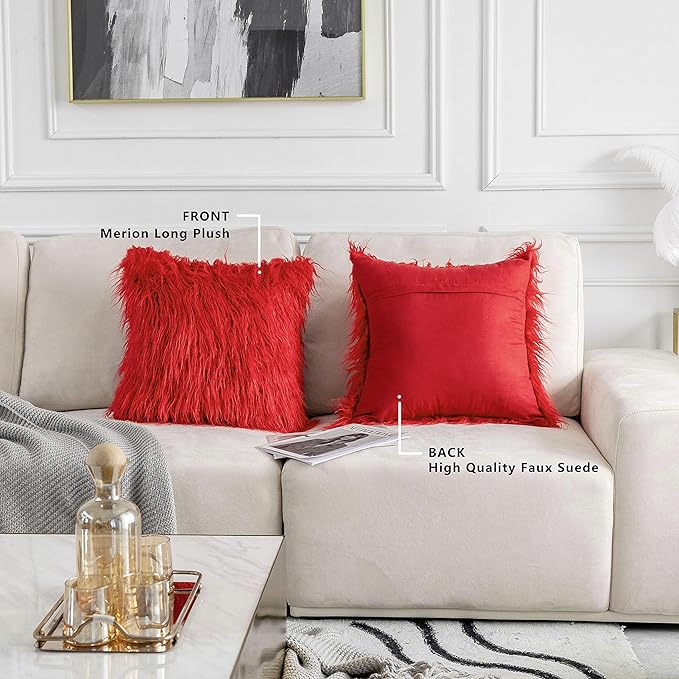Home Brilliant Pillow Covers 18x18 Faux Fur Throw Pillow Covers Wedding Christmas Decorative Pillow Cases Red Cushion Covers Set of 2, 45cm x 45cm, Red