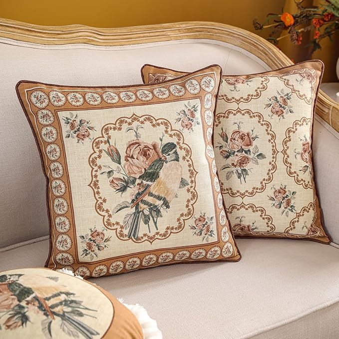 patdrea Designer Vintage Floral Throw Pillow Covers for Couch Set of 2,Brown Linen Pillowcases with Bird and Rose Pattern Decorative Square Cushion for Bed Living Room Outdoor Cafe Car,18"x18"
