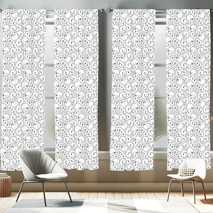 Ambesonne Black and White Window Curtains Pack of 2, Vintage Swirls Pattern with Monochrome Ornamental Old-Fashioned Design, Lightweight Set with Rod Pocket, 4 Panels of - 28" x 95", Black White