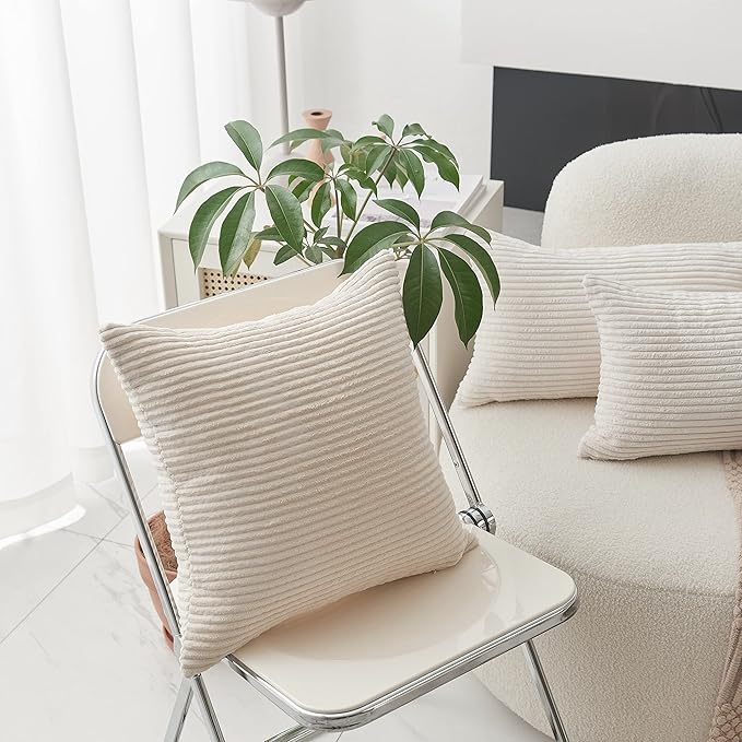 Home Brilliant Striped Velvet Corduroy Euro Throw Pillow Sham Large Cushion Cover for Chair Couch Bench Bed Floor Christmas Decor, 24 x 24 inch (60cm), Cream Cheese