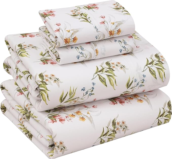 RUVANTI 100% Cotton Full Size Bed Sheets, 4 Pieces, Soft & Breathable Percale Weave Bedding, Deep Pocket 16", Hotel Standard, Crisp Cool Feel, Durable, Perfect Sheet Set Floral, Floral Bliss
