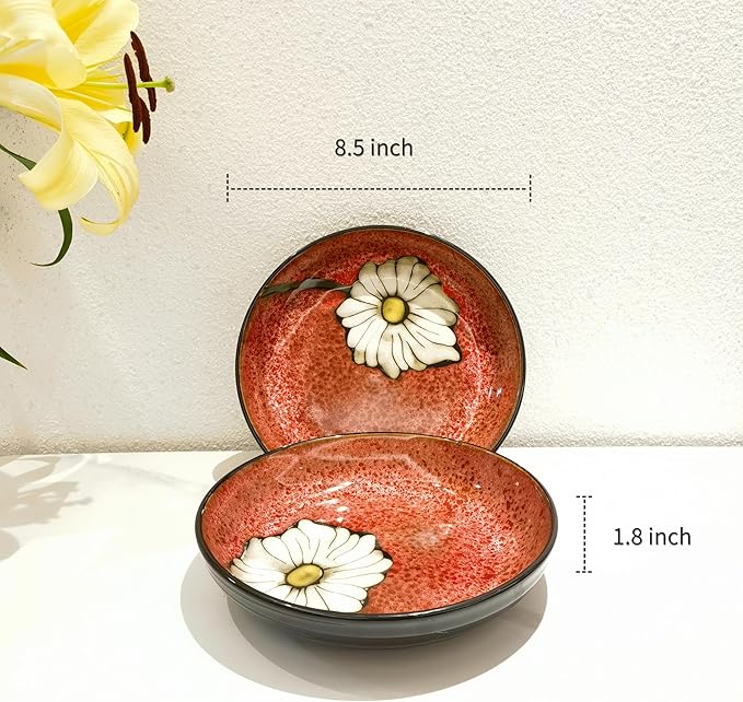 Ceramic Deep Plates For Kitchen, 8.5 in - Plates Set of 4 - For Steak,Salad, Pasta,Appetizer, Serving etc - Dishwasher, Microwave, and Oven Safe - For Breakfast, Lunch and Dinner (Red+Blue+Pink+Green)